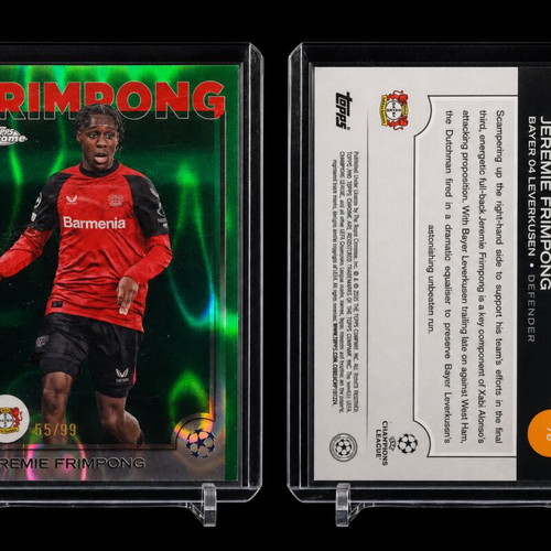 Jeremie Frimpong 2024-25 Topps Chrome UEFA Green Lava Refractor card numbered 55/99