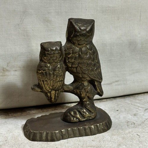 Vintage brass decorative sculpture with two owls on branch, used