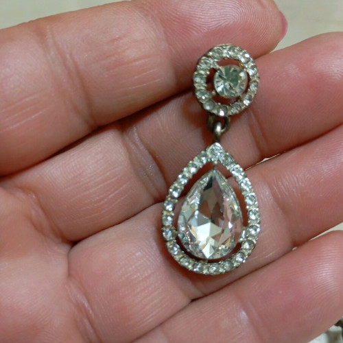 Earrings with rhinestones teardrop shape like new, silver