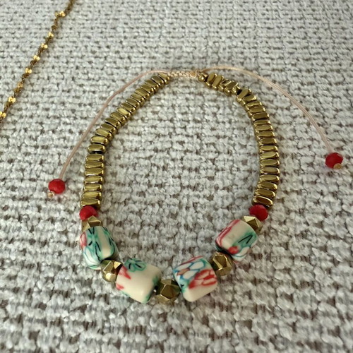 Steel necklace and bracelet set used with hematite and fimo stones