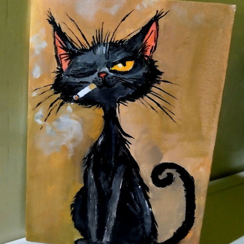 Handmade painting Black Cat new, acrylic on canvas 13×18 cm