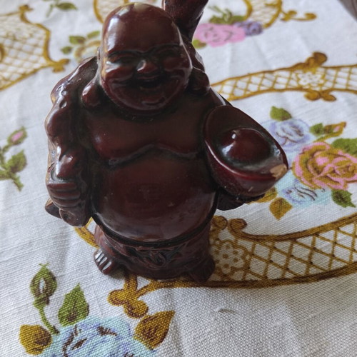 Decorative Budai statue used, 9cm, burgundy lacquer finish