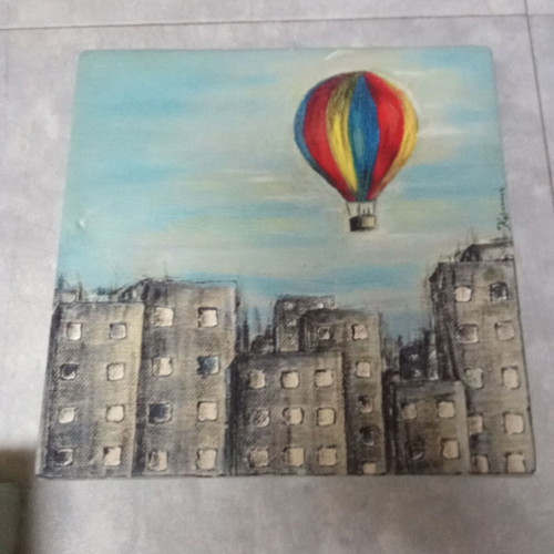 Oil paintings used, pack of 2 square 20x20 cm with city and hot air balloon theme