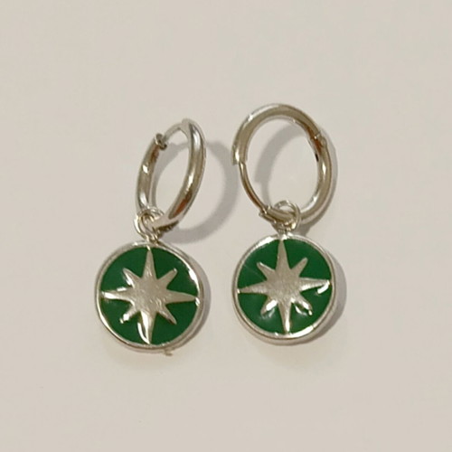 Hoop earrings with green enamel and North star charm