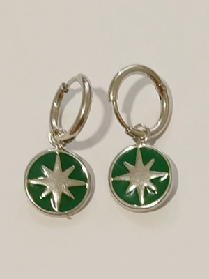 Hoop earrings with green enamel and North star charm