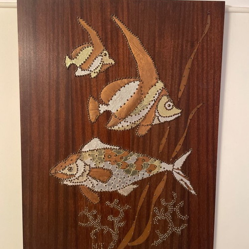 Metal Art Handmade Wall Art with Sea Life on Wooden Plaque