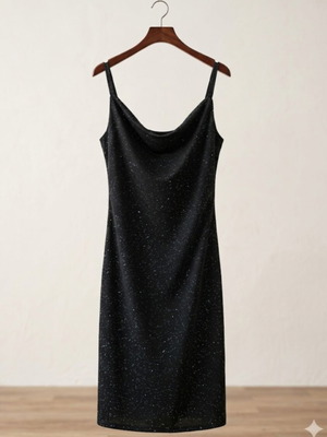 Glittering dress like new, elastic fabric with drape, black, size M