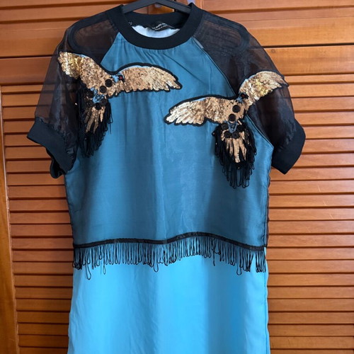 Italian evening dress like new, turquoise, organza sleeves, embroidery