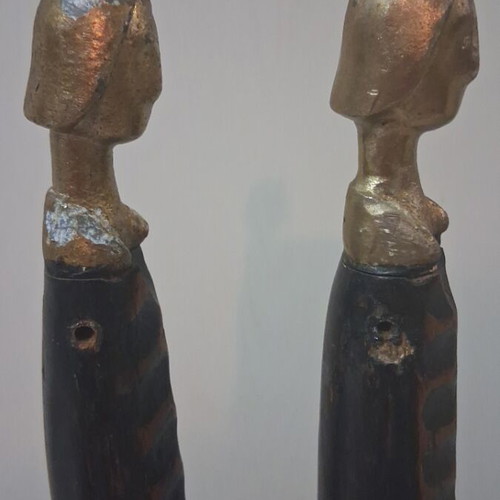 Decorative set of 2 used, bronze with wood, 66 cm height