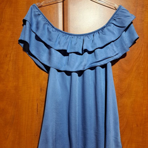 Satin off-shoulder blouse with ruffles like new, blue, size S/M