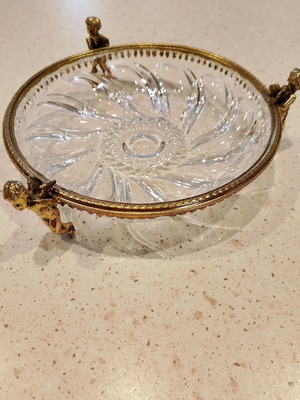 Vintage crystal bowl with gold cherub handles