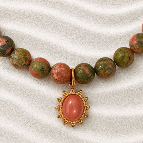 Handmade necklace with unakite stones and cat's eye pendant, stainless chain