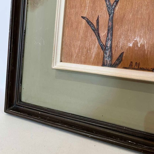 Vintage pyrography wall frame with vulture and elderly man, artist signature, 43x44