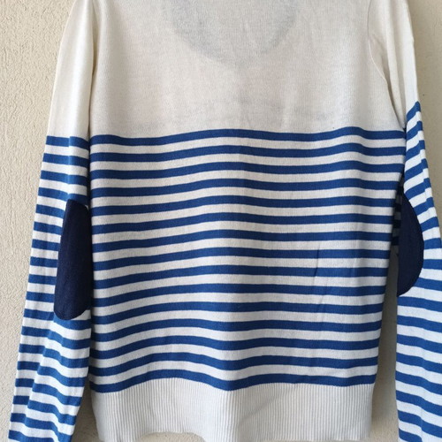Women's striped long-sleeve pullover sweater, white and blue