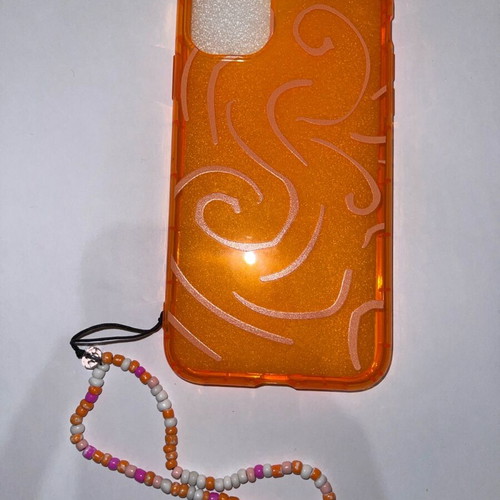 iPhone 11 case like new, orange with design and beaded strap