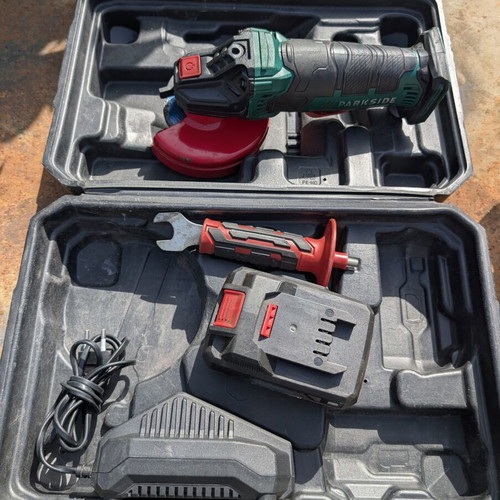 Parkside battery angle grinder used with charger and key