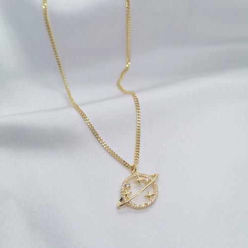 Gold-plated 18K necklace with planet motif and zircon, 45cm, new