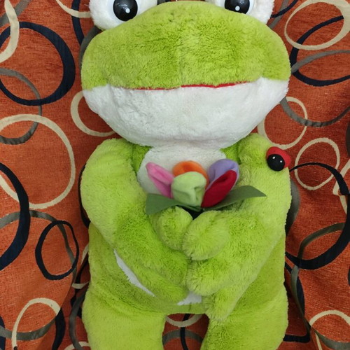 Large Plush Frog like new, soft velvet fabric, holding flowers