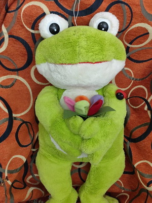 Large Plush Frog like new, soft velvet fabric, holding flowers