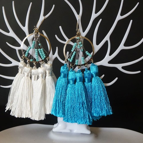 Tassel earrings new, white and turquoise