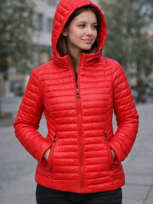 Red women's jacket new, model runs small, detachable hood, size 7XL