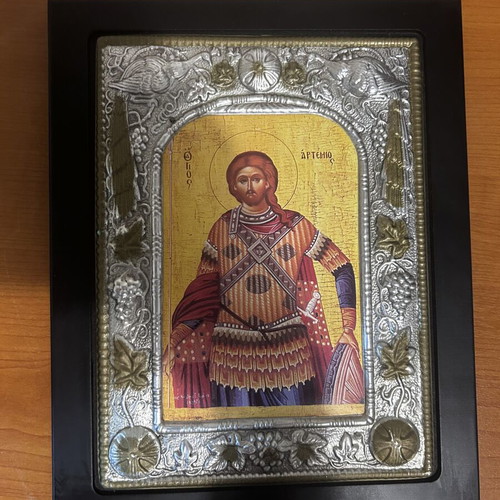 Saint Artemios icon used with metal relief and wooden frame 24x19 cm