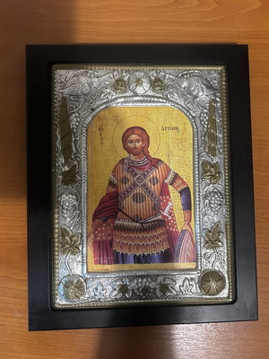 Saint Artemios icon used with metal relief and wooden frame 24x19 cm
