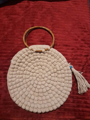 Handmade knitted handbag new, beige brown with wooden handles