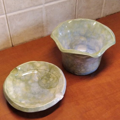 Ceramic chocolate pot and ashtray like new, handmade, blue and green