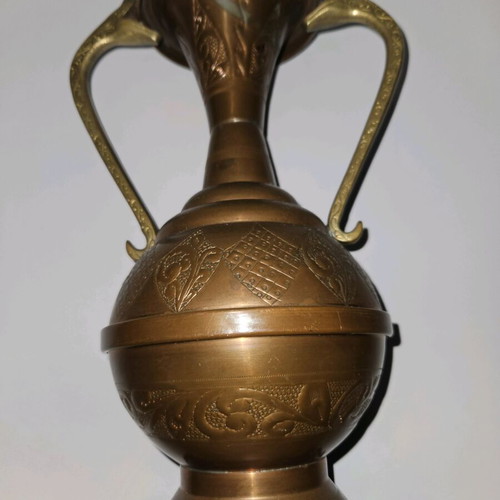 Antique Art Nouveau Copper Vase with Twin Snake Brass Handles used