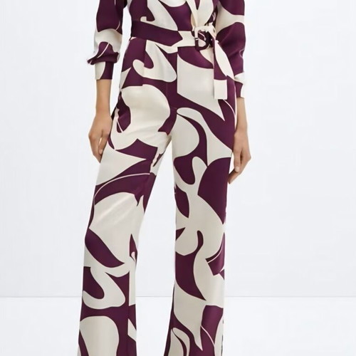 Mango women's jumpsuit with belt, long sleeves, beige and purple