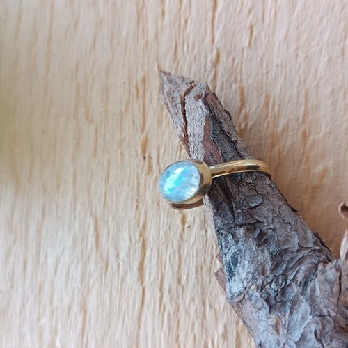 Brass ring with rainbow moonstone adjustable size, genuine semi-precious stone