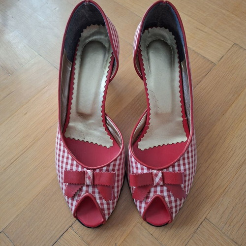 Vintage red and white check peep-toe heels, size 36