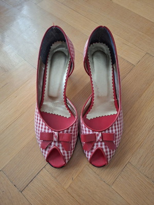 Vintage red and white check peep-toe heels, size 36