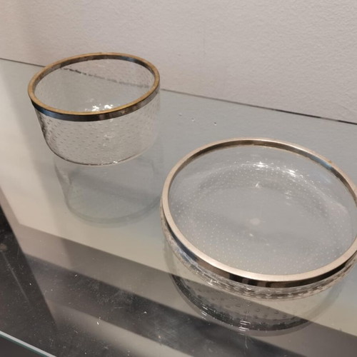 Set of two glass bowls used with silver-plated rim