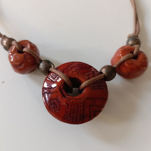 Boho Statement Pendant Necklace like new with terracotta red beads on brown leather cord