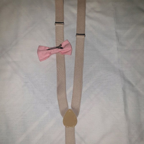 Children's suspenders set beige with pink bow tie like new, size 55cm