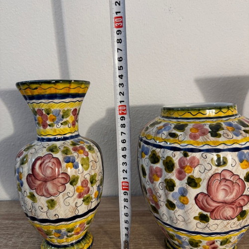 Hand-painted majolica vases used, set of 3