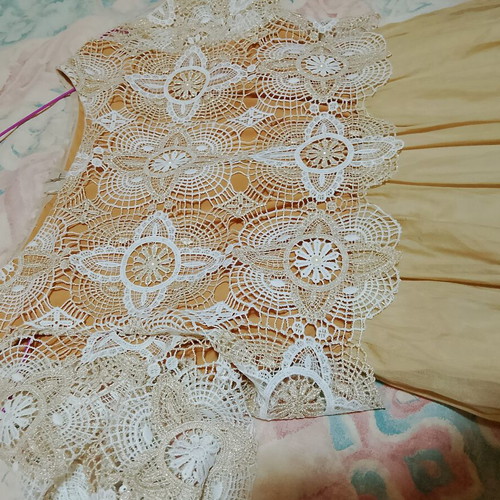Mitropoulos dress like new, beige with crochet lace and pearls