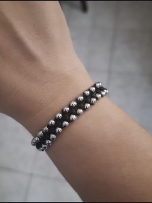 Handmade bracelet with silver hematite and black adjustable cord