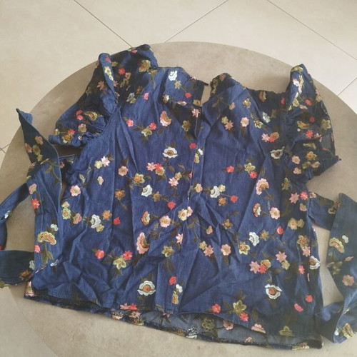 Denim blouse with floral embroidery and black wrap dress, like new
