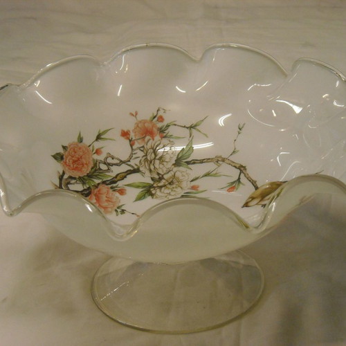 Vintage fruit bowl used, double white glass with swallows