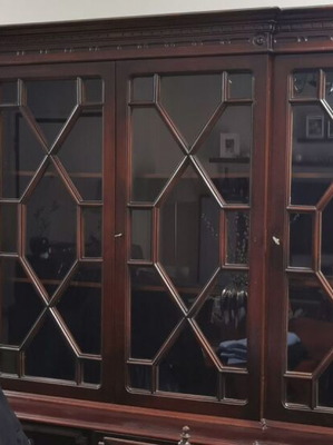 Classic wooden dining room display cabinet used, solid wood, glass doors with cross design