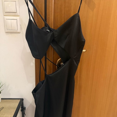 Satin dress Zara XS like new, black with cut out and slit