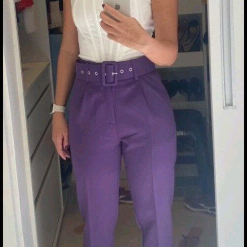 Purple high-waisted pants with box belt size 12 in excellent condition