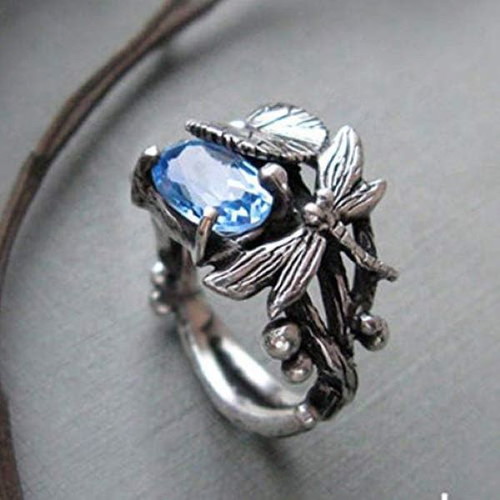 Fashion women's ring with blue topaz and dragonfly, new