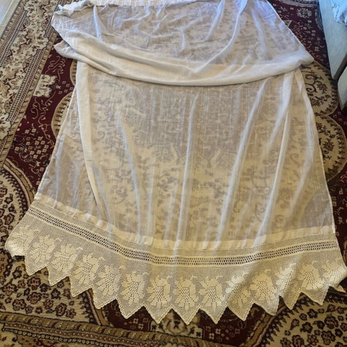 Handmade curtain with knitted lace trim like new, white