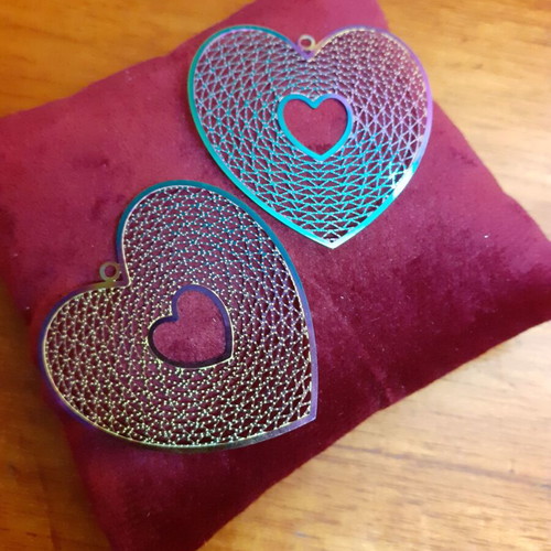 Filigree heart charms new, 2 iridescent hanging pieces