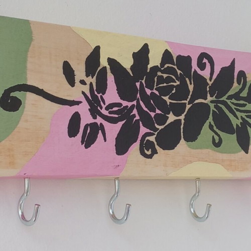 Wooden key holder handmade, 25x8 cm, pastel colors