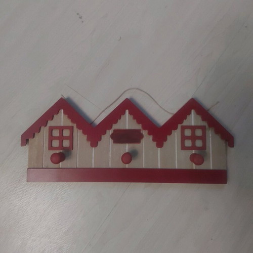 Wooden hanger with house design in beige and red, new
